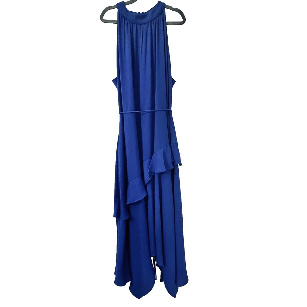 Bleeker 126 Royal Blue Halter Midi Dress Ruffle Hem Wedding Guest Cocktail Sz 16